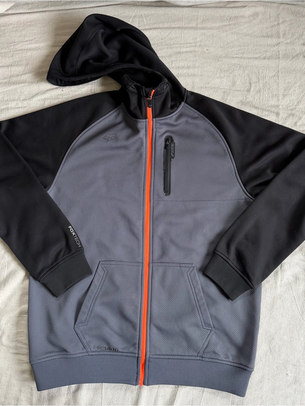 FoxTech Riding Moto Bonded Thermal Full Zip Hoodie Black Grey Orange Jacket L